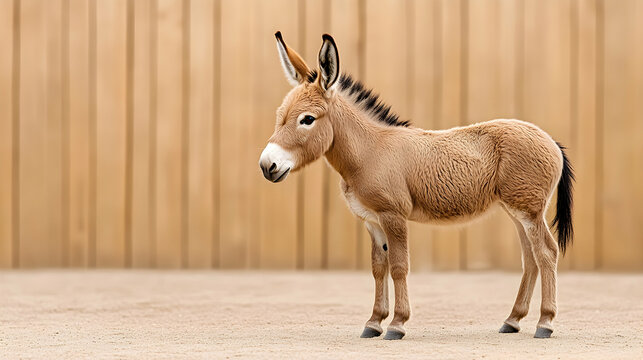 Adorable baby donkey standing, wooden background, zoo enclosure. Perfect for children's books, farm animal websites