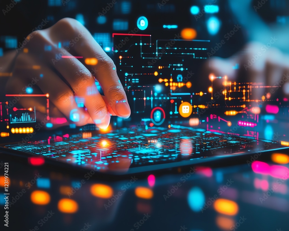 Poster A person using a tablet surrounded by glowing digital icons, representing connectivity and data flow, with futuristic technology and vibrant colors