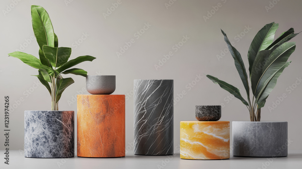 Poster white pedestals, empty 3d stands different shapes. vector realistic set of blank podiums for display