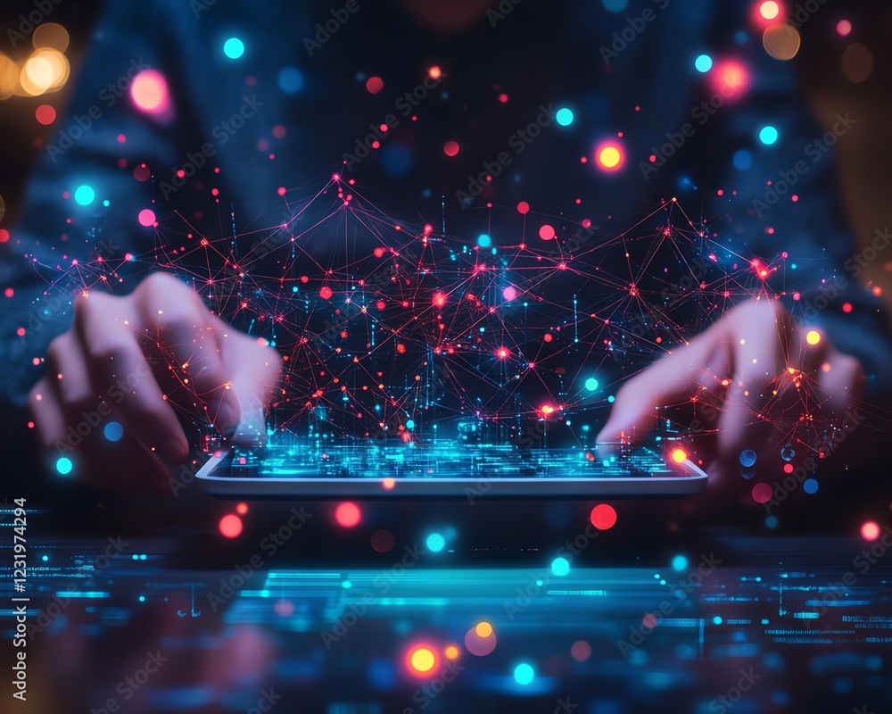 Aufkleber a person using a tablet surrounded by glowing digital icons, representing connectivity and data flow
