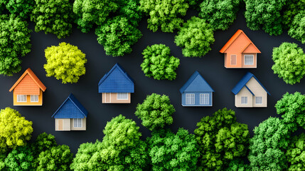 Aerial view of colorful houses nestled in a lush green forest; sustainable housing concept for real estate marketing