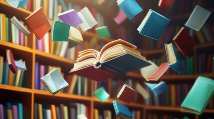 Books festival cartoon landing page, glowing bestsellers flying over bookshelf. Fest event in bookstore or library. Closed and open volumes with colorful paperback floating in air vector web banner