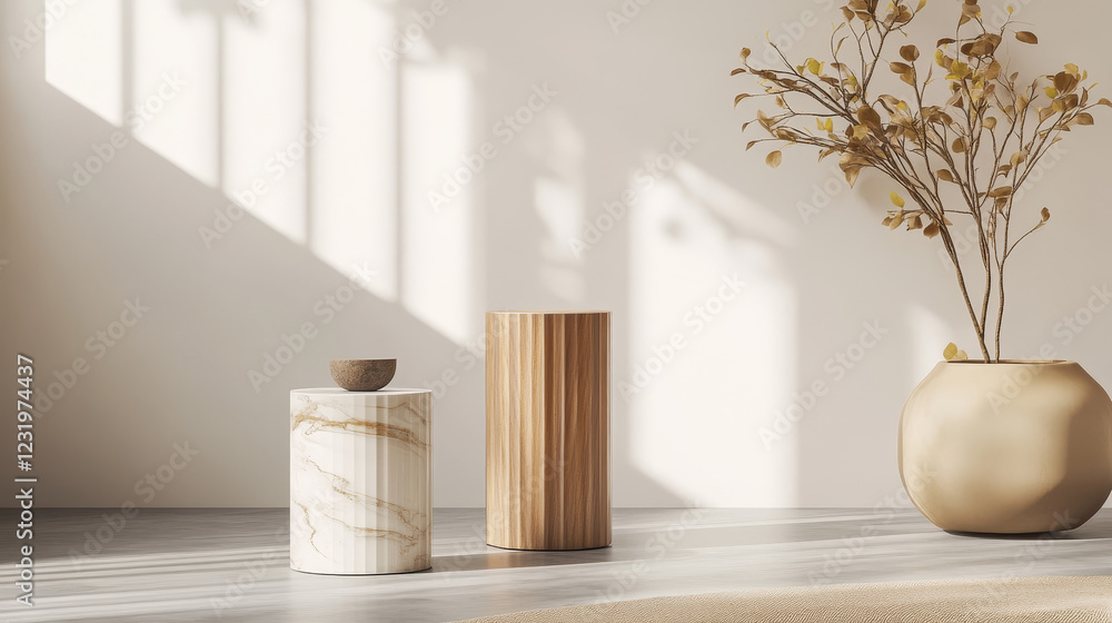 Poster white pedestals, empty 3d stands different shapes. vector realistic set of blank podiums for display