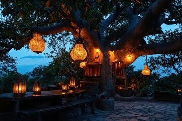 ancient treehouse temple carved into massive baobab tree, lanterns glowing at dusk, mystical architecture blending nature and design