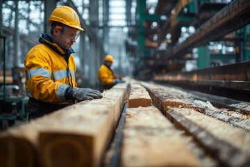 Carpenter inspecting quality of wooden planks in sawmill