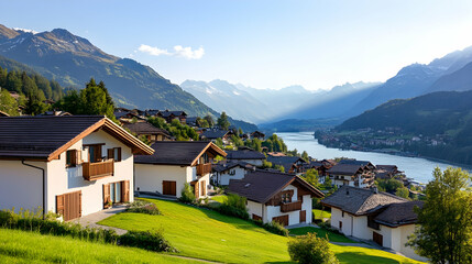 Alpine village houses overlook river valley, sunny day. Ideal for real estate, travel brochures