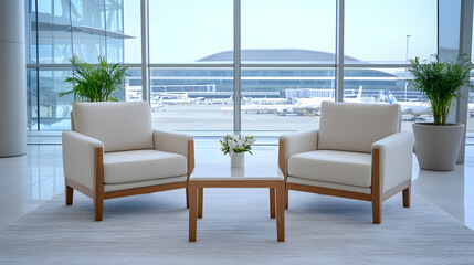 Airport lounge chairs view, waiting area, planes background, travel relaxation