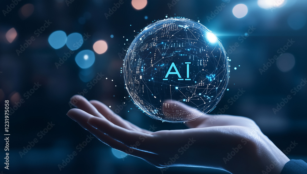 Poster a hand holding a sphere marked with 'ai,' surrounded by digital data and technology symbols. this im