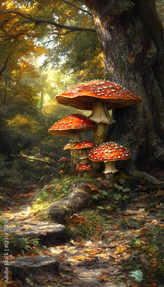 Poster autumnal forest path with three toadstools near a tree trunk; sunlight filters through leaves