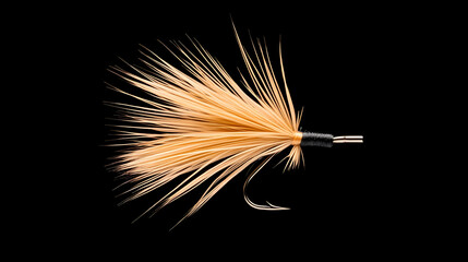 Beige fishing fly lure isolated on black background; perfect for fishing magazines or websites