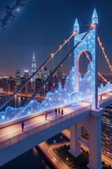 Aerial view of pedestrians enjoying a holographic sky bridge, urban expression