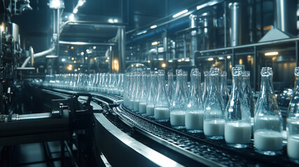 Fototapeta premium Milk factory interior, glass bottles on conveyor belt, cartoon vector illustration. Plant room with moving production line and glass packaging for dairy products on it, milk manufacture background