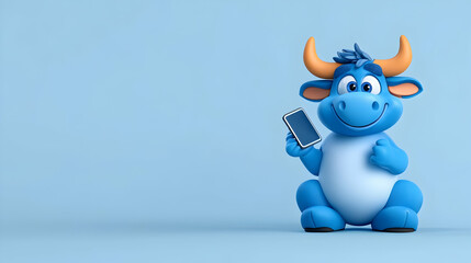Fototapeta premium Blue cartoon bull holding phone, light blue background, digital illustration, website banner