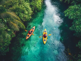 Eco-tourists kayaking in lush tropical nature, exploring wildlife, sustainable travel, nature tourism, adventure lifestyle
