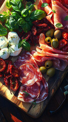 authentic antipasti platter with prosciutto and olives and tomatoes and mozzarella