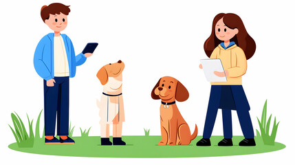 Children training dogs outdoors, using tablets; green grass background; for pet training websites