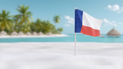 Naklejka premium Chilean flag on tropical beach; idyllic vacation; palm trees, bungalows