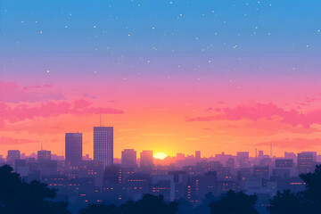 Obraz premium Cityscape sunset over buildings, twilight sky, peaceful evening, urban landscape, background for websites