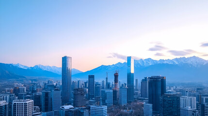 Cityscape at dawn, Andes mountains backdrop, urban development, aerial view, suitable for real estate or travel brochures