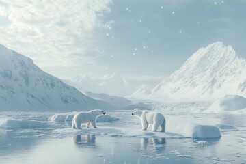 arctic wilderness scene with northern lights dancing above snow-covered mountains, featuring polar bears and pristine ice formations