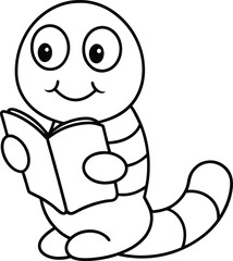 Bookworm cute cartoon worm coloring book page reading book illustration