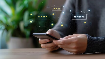 A person holding a smartphone with glowing review stars and feedback bubbles, set against a blurred background featuring greenery.