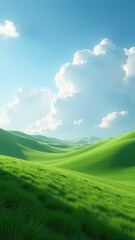 Fototapeta premium Green grassy hills rolling under a cloudy blue sky