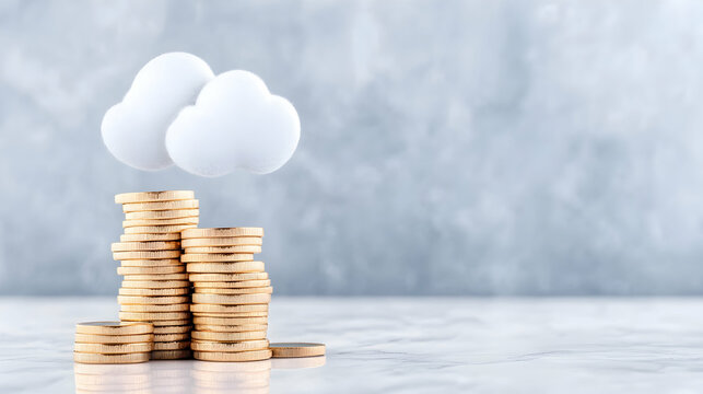 Cloud computing financial growth, coins stacked, marble surface background; ideal for finance or technology articles
