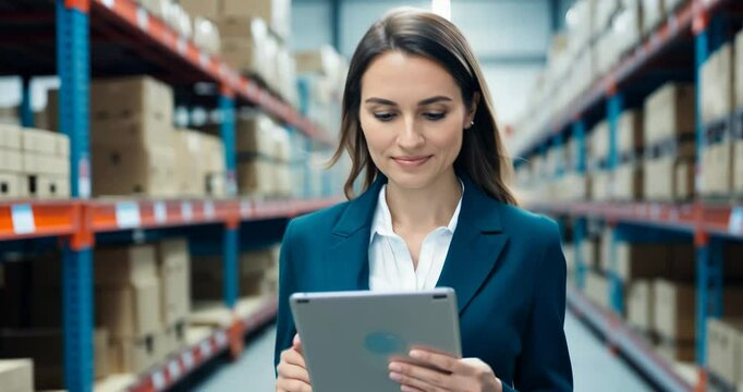 Female warehouse manager holding digital tablet smiling and walking through warehouse, walking between rows of shelves