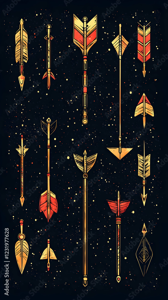 Poster colorful arrow designs on dark background; graphic design element for website or print