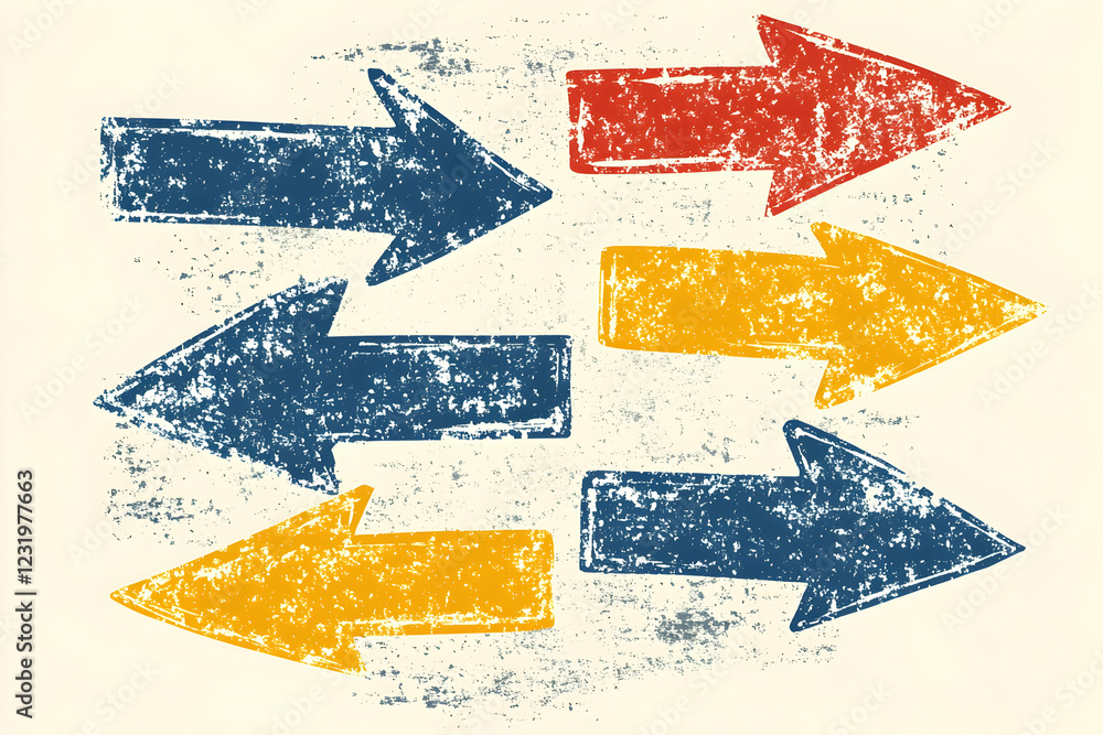 Poster colorful arrows pointing in different directions, textured background; website design element