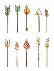 Colorful arrows design elements on white background, for crafts, patterns, or tribal art