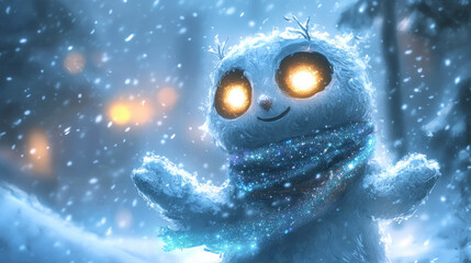 Whimsical snowy creature with glowing eyes in a magical winter scene