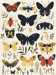 Fototapeta premium Colorful butterfly and insect collection, botanical illustration, nature background, wall art