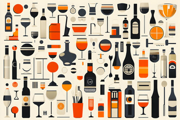 Colorful cocktail glassware and bottle illustration; bar tools; drinks background; menu design