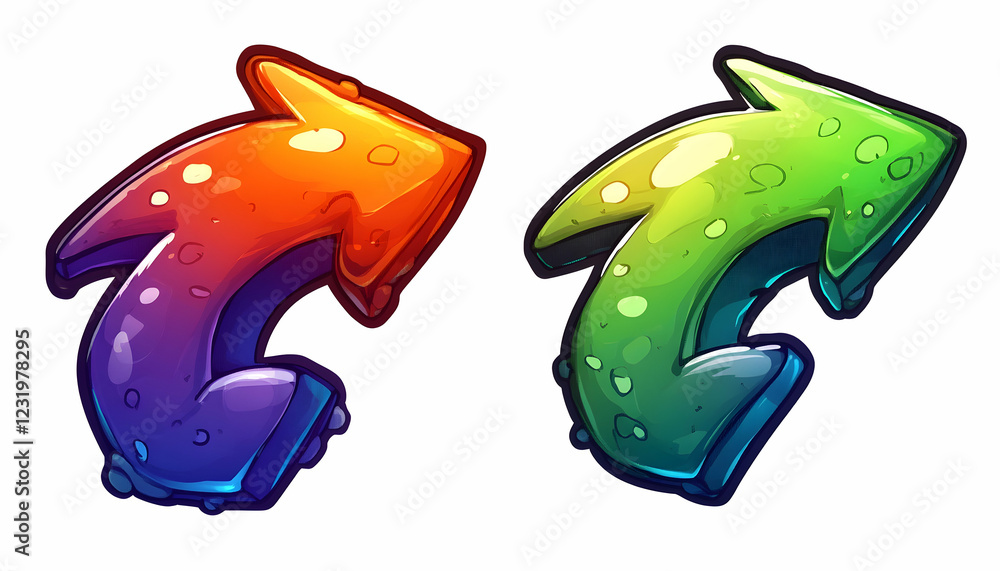 Poster colorful curved arrows pointing right; game ui elements; white background; for website design