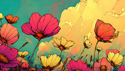 Colorful cosmos flowers field, sunset sky, artistic illustration, nature background, website banner
