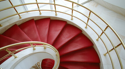 Fototapeta premium Elegant spiral staircase with red carpet and gold railing, showcasing modern architecture and design. stunning visual of luxury and sophistication