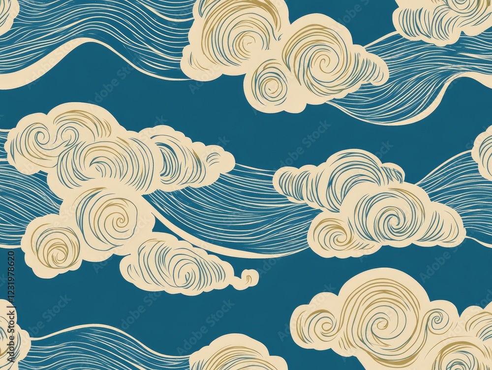 Poster seamless clouds and waves pattern: elegant and serene, this illustration features a repeating patter