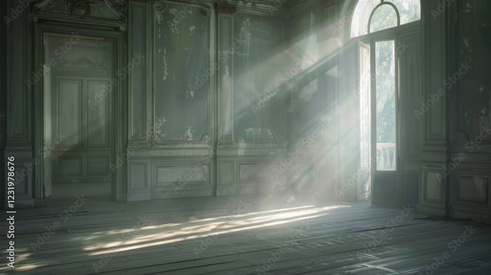 Poster sunlit room with soft light streaming through open door, creating serene atmosphere. dust particles 