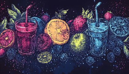 Colorful fruit juice glasses, berries, and citrus fruits, dark background, for menu or advertisement