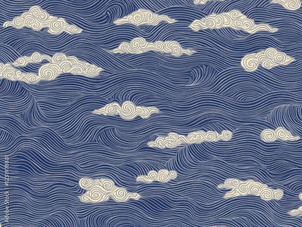 Poster abstract cloudscape: an ethereal digital artwork depicts fluffy white clouds floating across a deep 