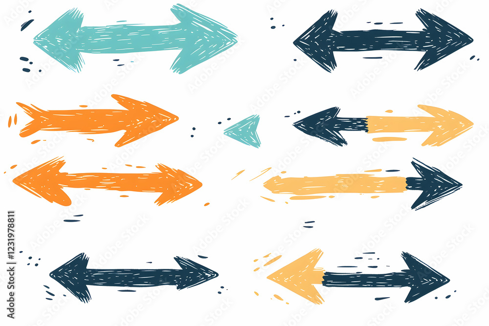 Poster colorful hand-drawn arrows pointing left and right, design elements for website or app