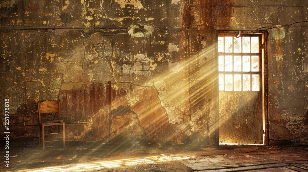 Poster sunlit room with rustic chair and weathered walls, creating nostalgic atmosphere. light beams add wa