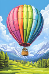 Fototapeta premium Colorful hot air balloon soaring over majestic snow-capped mountains, green valley, travel poster