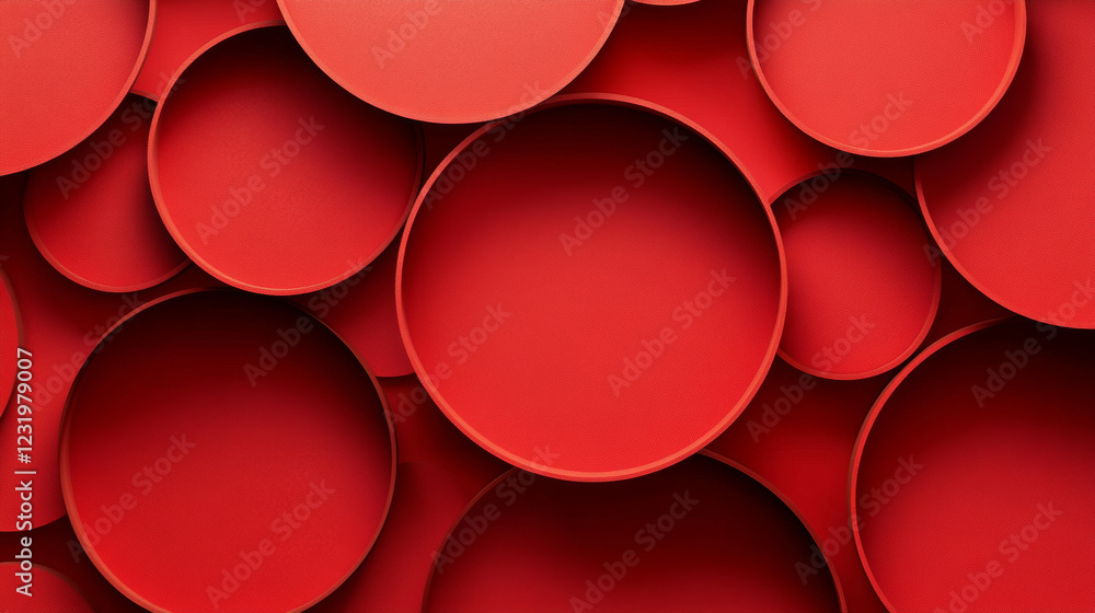 Poster lots of layers of circular red paper cutout. realistic 3d vector background with circle cut cardboar