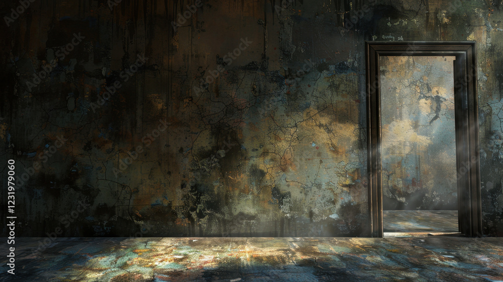 Aufkleber dimly lit room with textured walls and open door, creating mysterious atmosphere. sunlight streams t
