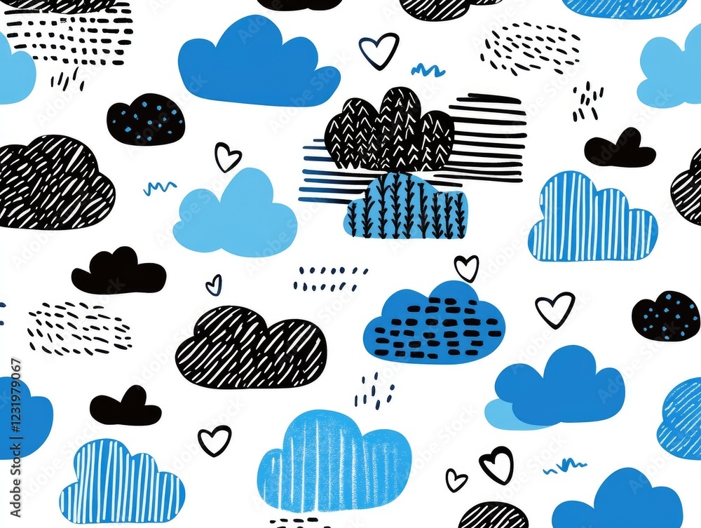 Poster cloud nine pattern: a playful and charming seamless pattern featuring hand-drawn clouds in shades of