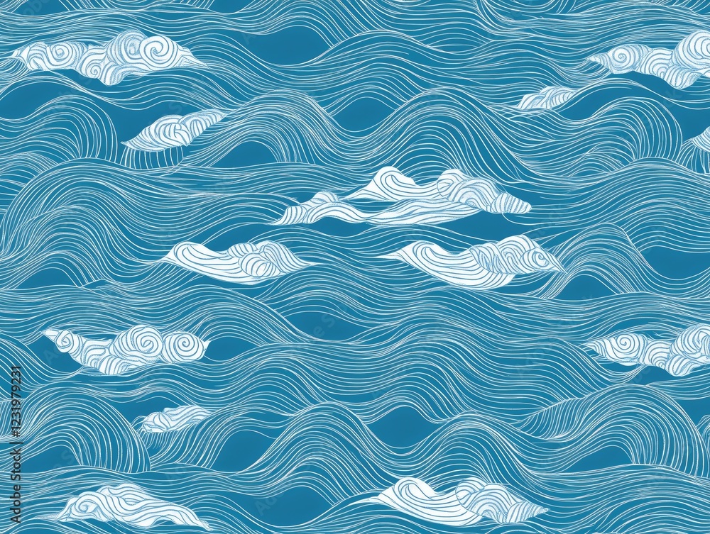 Poster sea of swirls: abstract blue waves and white clouds create a hypnotic and mesmerizing pattern, evoki