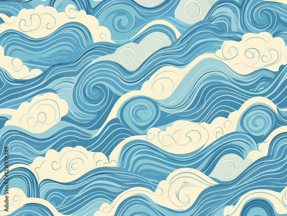 Poster whimsical waves and clouds: a mesmerizing pattern of abstract blue waves and clouds, evoking a sense
